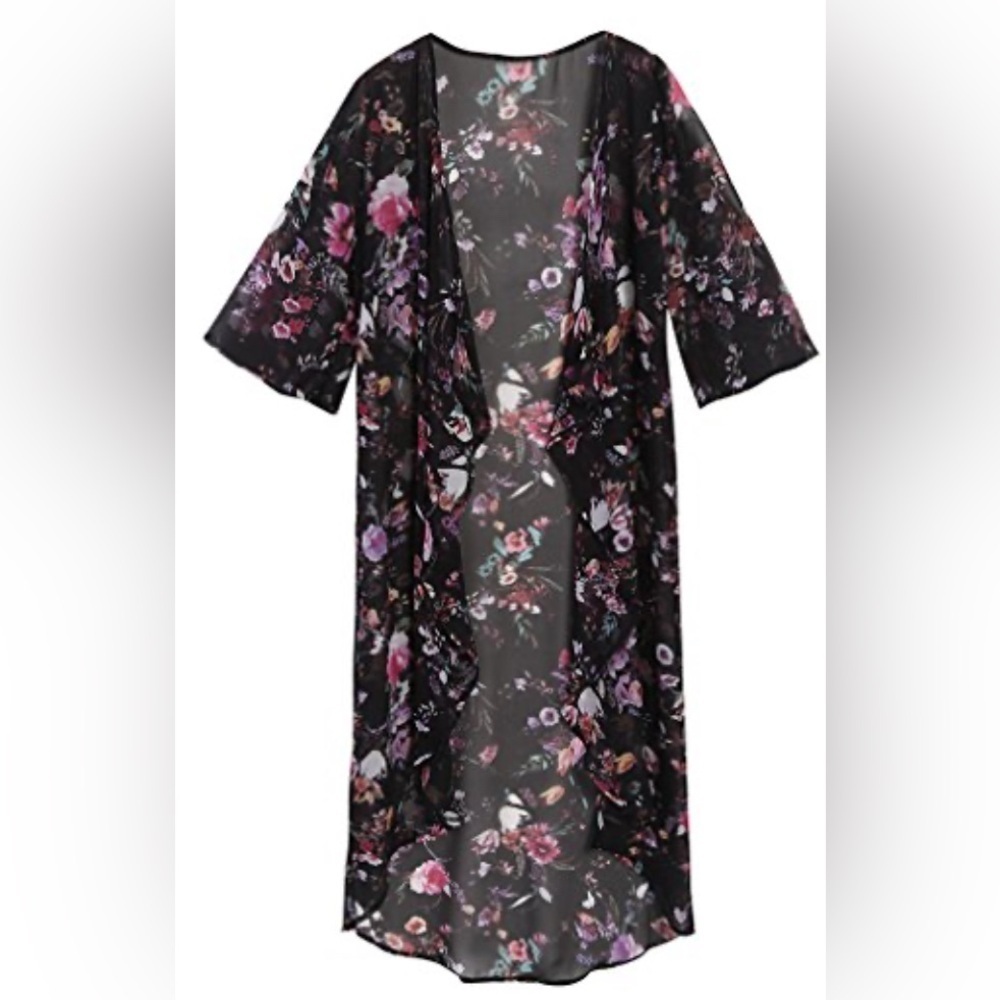 Sherosa Women's Floral Print Sheer Chiffon Loose Kimono Cardigan OSFM